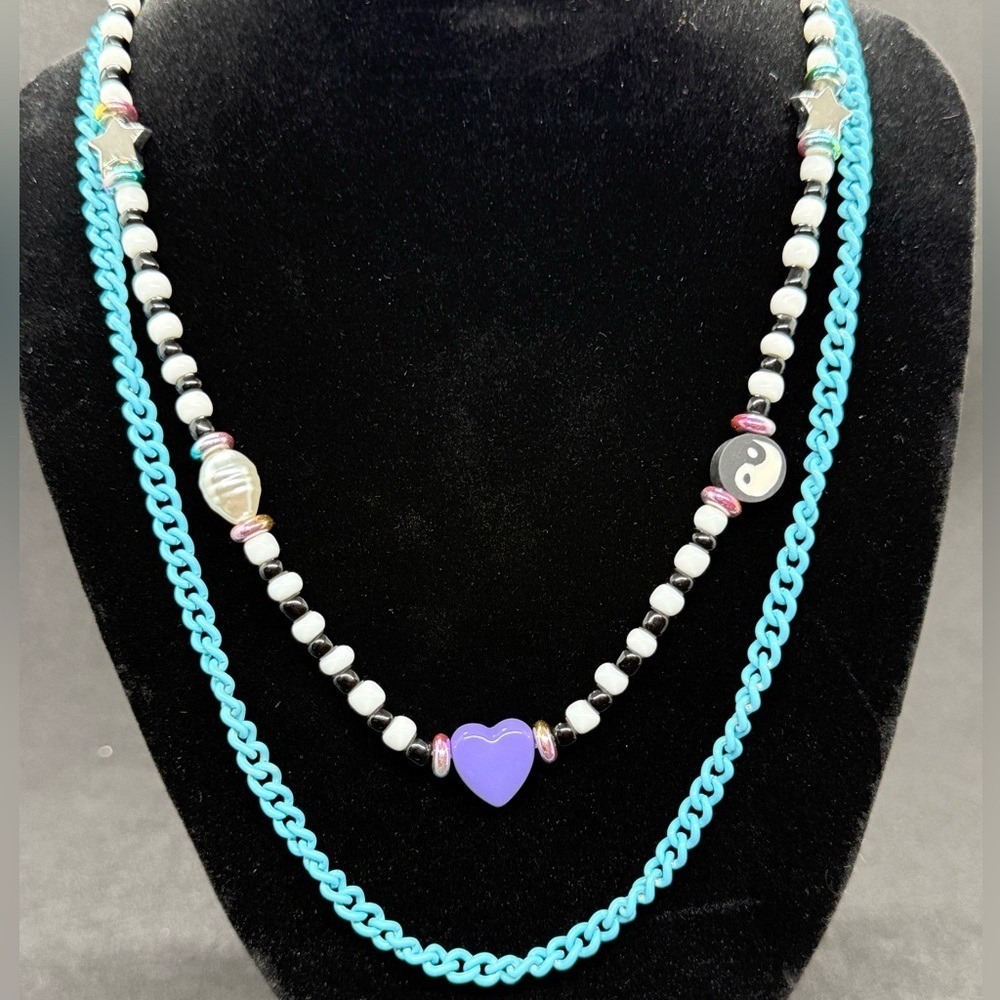 Ivory Ella Layered Beaded Necklace Heart Yin Yang Star Turquoise Blue Purple NEW - Picture 2 of 6